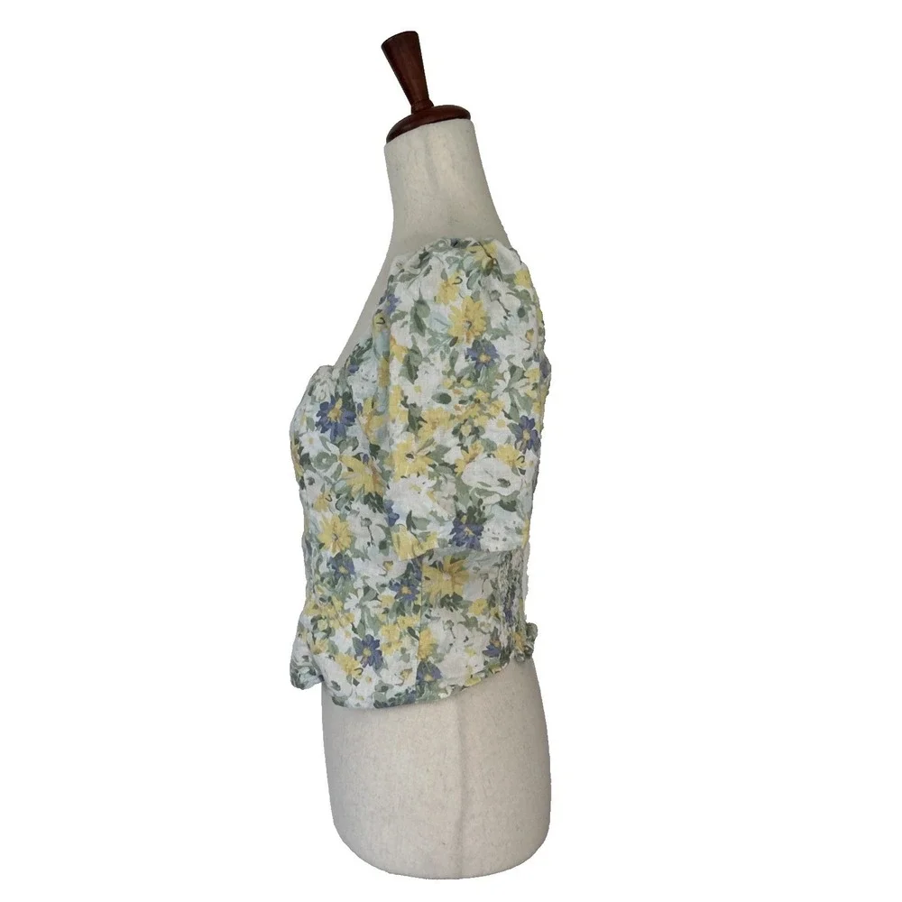 Abercrombie & Fitch Medium Women's Linen-Blend Puff Sleeve Top Yellow Indie Boho